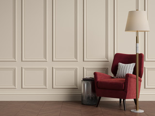 Classic interior with armchair and floor lamp. Warm colors