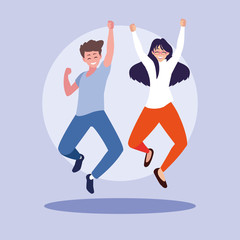 young couple celebrating with hands up