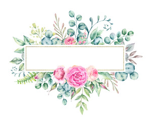 Watercolor hand painted frame with tropical green leaves and flowers. Frame for wedding invitations, save the date or greeting cards..