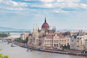 Fototapeta na wymiar Budapest, Hungary. The building of the Hungarian Parliament. The symbol and business card of the city, located on the banks of the Danube. Spring. Tourism and travel.