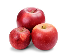 Big, middle and small fresh red apples isolated on white background. Different sized apples.