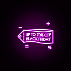 sticker tag 70 black Friday neon icon. Elements of discount tag set. Simple icon for websites, web design, mobile app, info graphics