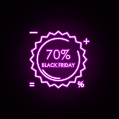 sticker tag 70 black Friday neon icon. Elements of discount tag set. Simple icon for websites, web design, mobile app, info graphics