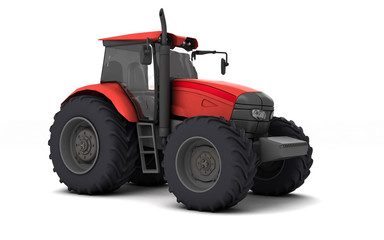 Red agricultural wheel tracktor isolated on white background. Front side view. Perspective. Eye level. 3D render.