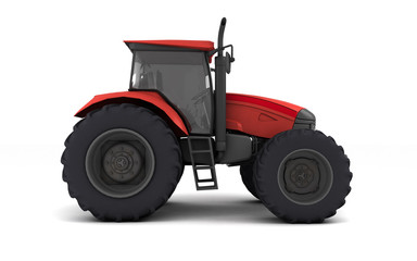 Red agricultural wheel tracktor isolated on white background. Side view. Right side. Low angle view. 3D render.