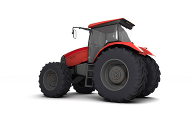 Red agricultural wheel tracktor isolated on white background. Rear side view. Perspective. Left side. Eye level. 3D render.