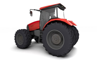 Red agricultural wheel tracktor isolated on white background. Rear side view. Perspective. Left side. Eye level. Wide angle. Fish eye lens. 3D render.