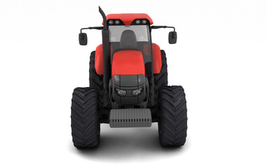 Red agricultural wheel tracktor isolated on white background. Front view. Eye level. 3D render.
