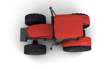 Isometric view on red agricultural wheel tracktor isolated on white background. Top view. Directly above. Side view. Left side. High angle view. 3D render.