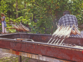Mackerels grilled outside on the fire embers for a rustic party