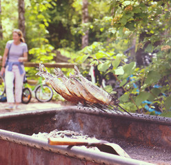 Mackerels grilled outside on the fire embers for a rustic party, blurred background