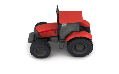 Isometric view on red agricultural wheel tracktor isolated on white background. Side view. Left side. High angle view. 3D render.