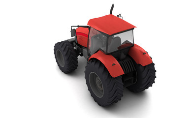 Isometric view on red agricultural wheel tracktor isolated on white background. Rear side view. Perspective. Left side. High angle view. 3D render.
