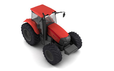 Isometric view on red agricultural wheel tracktor isolated on white background. Top view. Side view. Right side. High angle view. 3D render.