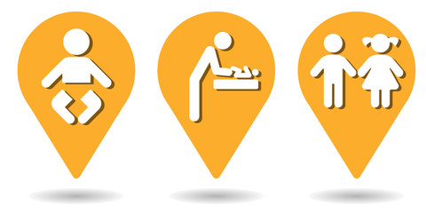 Fototapeta premium Location pins for baby care room, changing diapers and children restroom
