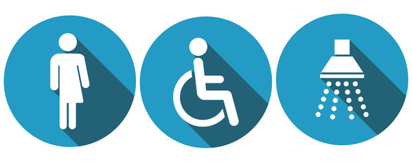 Symbols for unisex restroom, wheelchair and shower