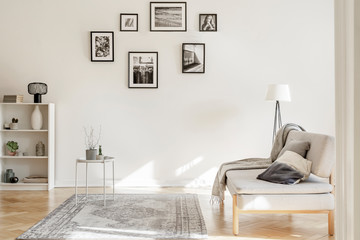 Gallery of black and white posters on the wall of classy living room interior