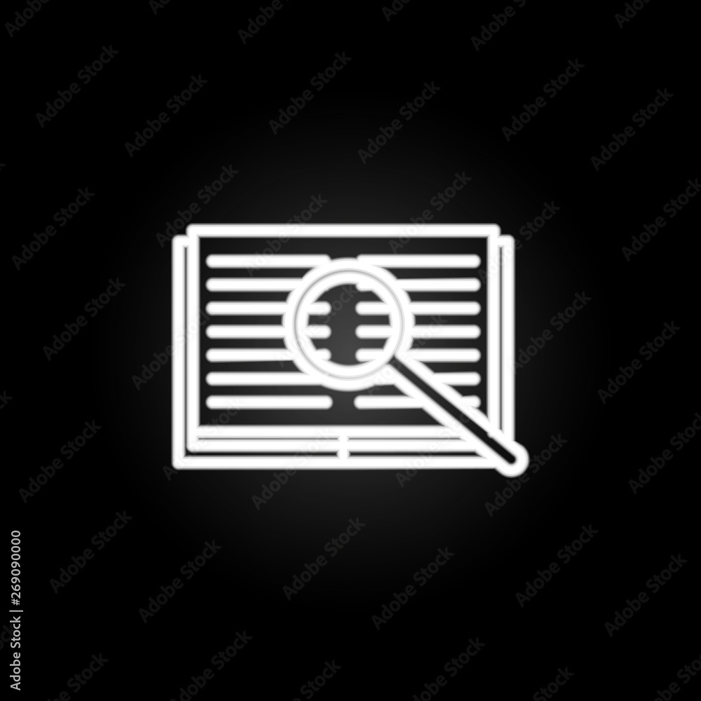 Poster magnifier on notebook neon icon. elements of education set. simple icon for websites, web design, mo