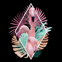 Tropical leaves flamingo design in light pink, golden, turquoise on black, can be used as background, wallpaper - obrazy, fototapety, plakaty