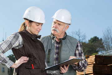 industrial woodworking worker inspecting the data