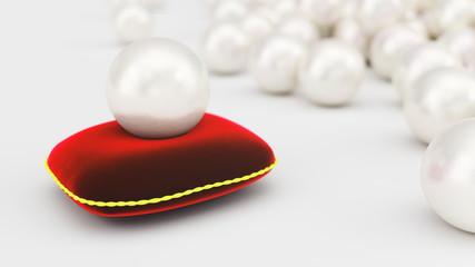 3d rendering of a pearl on a soft red velvet pillow with a gold stroke. Beautiful pearl, expensive jewelry for women. Background of the plurality of beautiful pearls, Beautiful shiny sea pearl