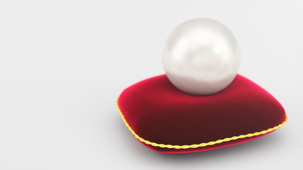 3d rendering of a pearl on a soft red velvet pillow with a gold stroke. Beautiful pearl, expensive jewelry for women. Background of the plurality of beautiful pearls, Beautiful shiny sea pearl