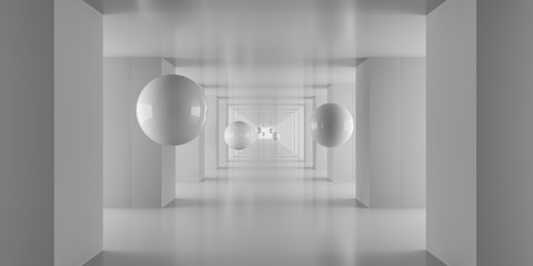 3d white corridor pillars background render spheres