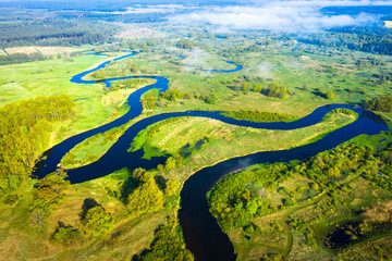 River nature. Wild river along green meadow from above. River landscape aerial view. Scenic summer...