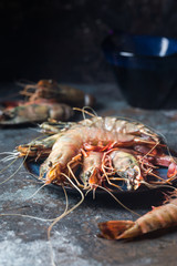 Giant Raw fresh Tiger Prawns in the plate over stone background