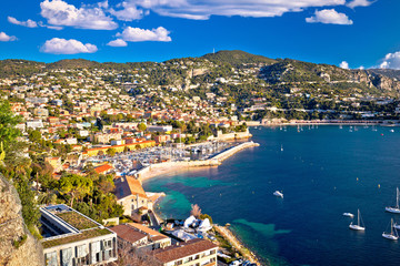 Villefranche sur Mer idyllic French riviera town aerial bay view - obrazy, fototapety, plakaty