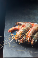 Giant Raw fresh Tiger Prawns in the plate over stone background