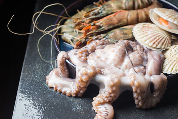 Assortment of seafood with raw fresh octopus, scallops and prawns, as an gourmet dinner background