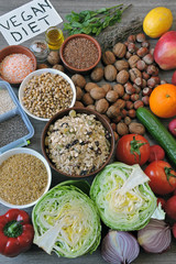 Set of vegan products. A note with the inscription Vegan Diet.