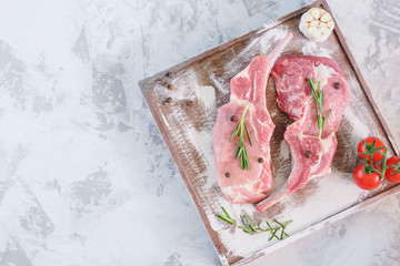 Slices of raw pork. Copy space on gray stone background. Two meat steaks with tomatoes, garlic and rosemary. Photo with place for text.
