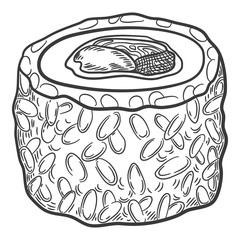 Futomaki sushi roll containing salmon meat, sweat pepper rice, caviar, avocado, cucumber on a white background. Japanese cuisine, traditional food icon. Pixel perfect isolated vector illustration