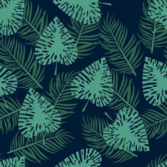 Tropical palm, monstera, fern leaves blue tone and bird of paradise flowers on the black background. Seamless vector pattern illustration