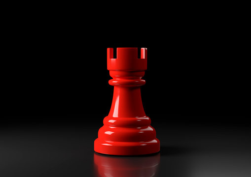 Red rook chess, standing against black background. Chess game figurine. leader success business concept. Chess pieces. Board games. Strategy games. 3d illustration, 3d rendering