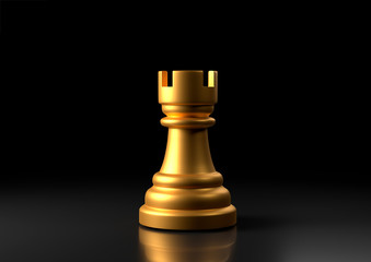 Gold rook chess, standing against black background. Chess game figurine. leader success business concept. Chess pieces. Board games. Strategy games. 3d illustration, 3d rendering - obrazy, fototapety, plakaty