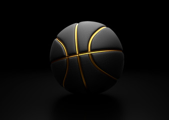 Black Basketball with Gold Line Design dark Background. Basketball in the air and texture with dots. 3D illustration. 3D rendering high resolution.