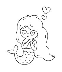Mermaid in love. Cute cartoon character for emoji, sticker, pin, patch and badge. Vector outline illustration.