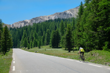 Fototapeta na wymiar Unrecognizable road cyclist rides a bike down an empty asphalt road in the Alps.