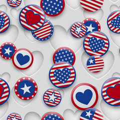 Obraz premium Vector seamless pattern of various USA symbols in red and blue colors on white background with holes. Independence Day United States of America