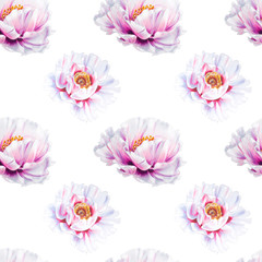 Seamless white peony pattern. Endless texture. Floral print. Marker drawing. Watercolor painting. Wedding and birthday composition. Greeting card. Flower painted background. Hand drawn illustration.