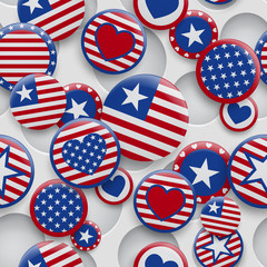 Fototapeta premium Vector seamless pattern of various USA symbols in red and blue colors on white background with holes. Independence Day United States of America