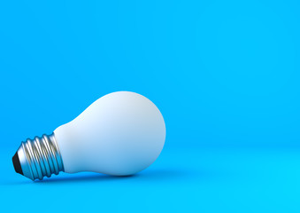 White light bulb on bright blue background in pastel colors. Minimalist concept, bright idea concept, isolated lamp. 3d render illustration