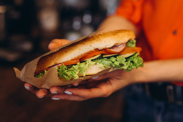 Close-up photo of a sandwich in hand. Sandwich with meat, salad, vegetables, lettuce, tomato, onion on cafe background
