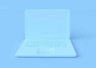 blue laptop isolated on a blue background, pastels color notebook, portable pc, computer 3d illustration 3d rendering