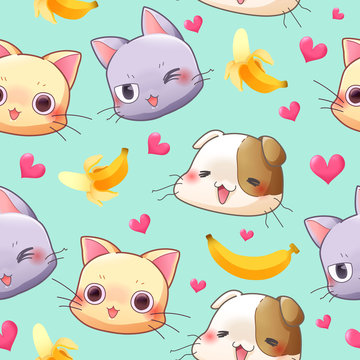 Seamless pattern cute cat, banana and heart – vector