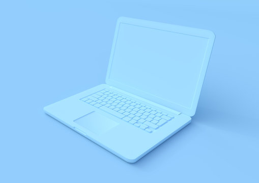blue laptop isolated on a blue background, pastels color notebook, portable pc, computer 3d illustration 3d rendering