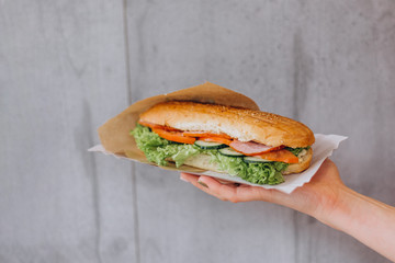 close up sandwich in hand of woman